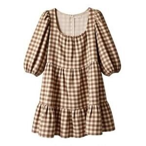 By The River Women’s Tiered Gingham Dress Large Brown White Plaid Zip Back